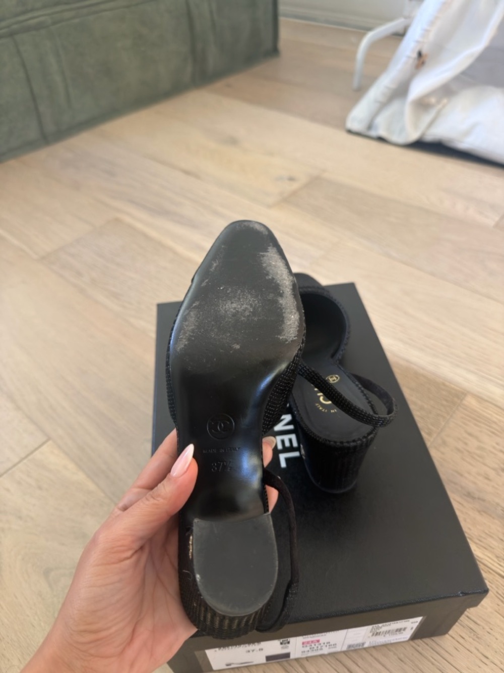 CHANEL Suede Kidskin Cap Toe CC Slingback Pumps 41 Black Gold - Picture 4 of 6